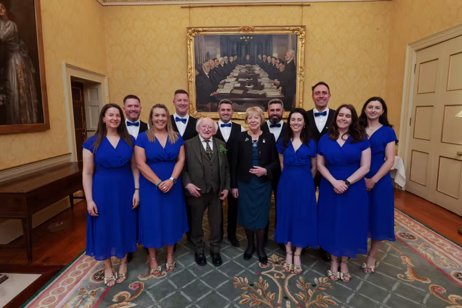 Image showing the Beartla O Flatharta Céili Band with President Higgins and Sabina Higgins
